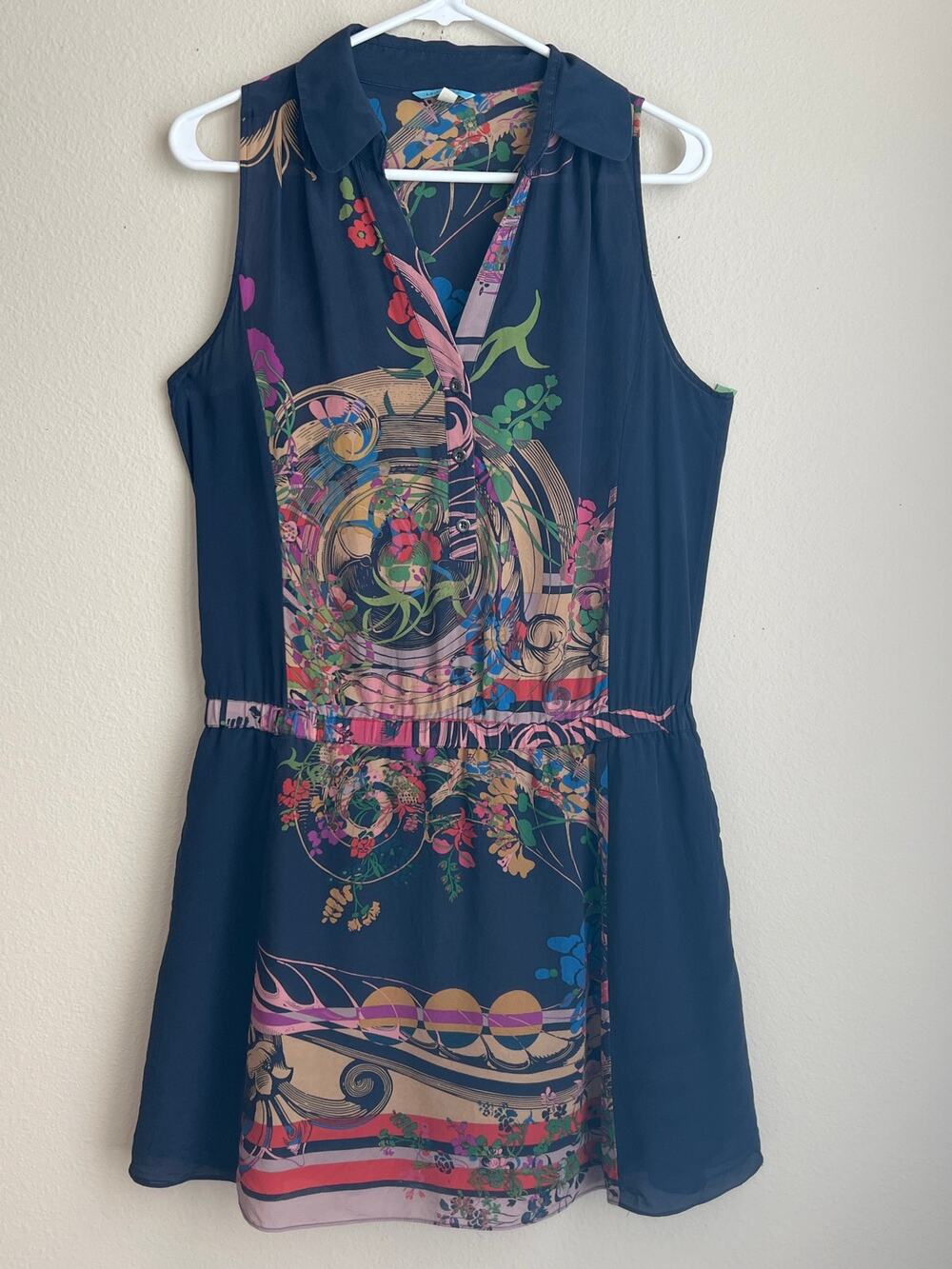 Leifnotes Anthropologie Silk Abstract Floral Collar V-Neck Pocket Dress 8 Medium